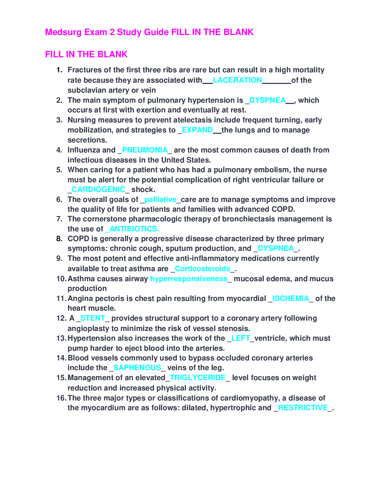 Preview image for Medsurg Exam 2 Study Guide FILL IN THE BLANK 2021 GRADED A